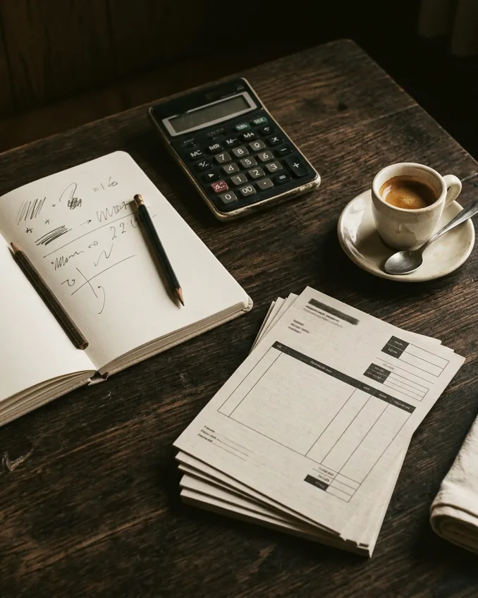 A costing desk: notebook, calculator, supplier invoices and an espresso.