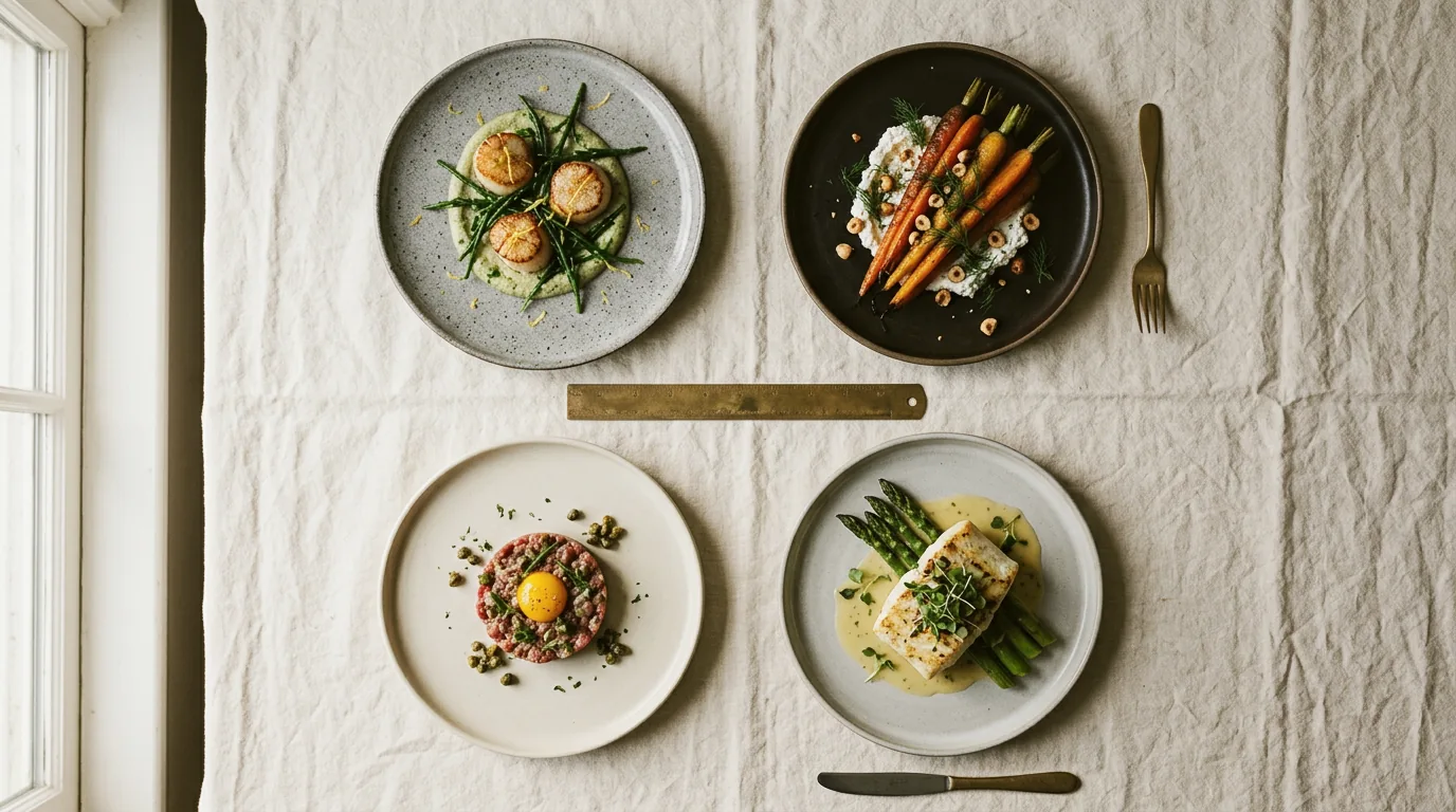 Four plated dishes arranged in a two-by-two grid on linen, like the menu engineering matrix.
