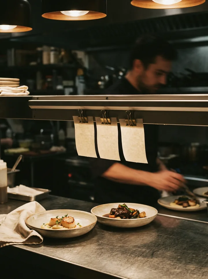 The pass during service: order tickets on the rail and plates waiting.